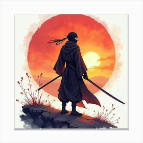 Ninja Fighter With A Watercolor Magical Sunrise 1 Canvas Print