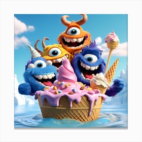 Picture A Friendly Furry 3d Animated Monster Family Enjoying A Colossal Ice Cream Sundae Canvas Print