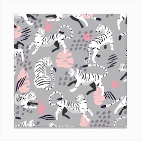 White Tiger Pattern On Gray With Pink Decoration Square Canvas Print