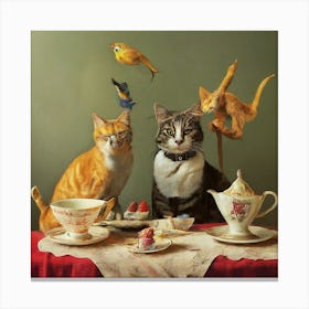 Cat & Birds Having Tea Canvas Print