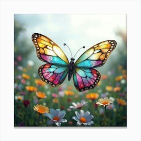 A Whimsical Butterfly With Wings That Resemble Glowing Stained Glass Flying Over A Vibrant Meadow 1 Canvas Print