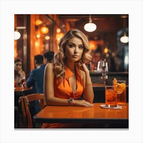 Beautiful Woman In Orange Dress In A Bar Canvas Print