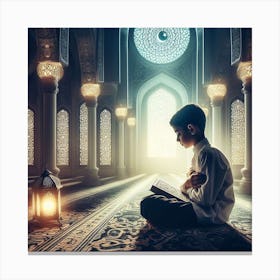 Muslim Boy Praying In Islamic Mosqueلمشاعر الروحانية في رمضان Canvas Print