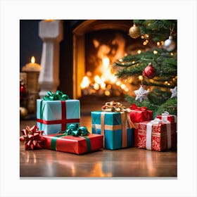 Christmas Presents Under Christmas Tree At Home Next To Fireplace Miki Asai Macro Photography Clos (10) Canvas Print