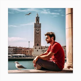 Man In Red Sitting On A Ledge Canvas Print