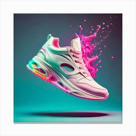 Firefly Sneaker, Flashy, Turquoise, Pink, Leather, Magic, Jumping, Sole, Floating, White, Backdrop, (9) Canvas Print