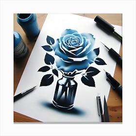 A Stencil Sketch Of A Blue Rose In A Vase 1 Leinwandbild