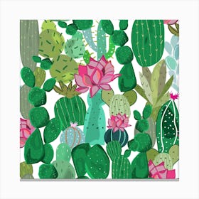Cactus And Succulent Tropical Flowers Pattern Square Canvas Print