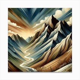 Title: "Eternal Ridges"  Description: "Eternal Ridges" captures the majesty of towering mountains with stylized peaks that soar towards a dynamic sky. The winding river at the foothills and the texture-rich foreground with hints of flora introduce a serene narrative to this nature-inspired piece. The warm sunrise palette evokes a sense of wonder and adventure, perfect for those seeking art that embodies the spirit of exploration and the beauty of the natural world. Canvas Print