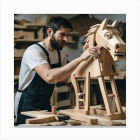 Woodworker Making A Wooden Horse Canvas Print