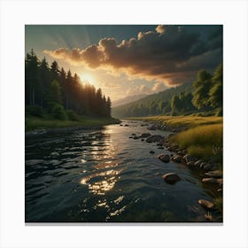 Photo Of Ultra Realistic Insane Illustration, A Landscape That Transmits Peace And Calm The Background Is Wooded And Colorful A River In The Foreground Fairy Tale Style 2 Canvas Print