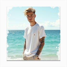 Justin Bieber In A Casual Pose, Watercolor Backdrop Of A Calm Ocean Canvas Print