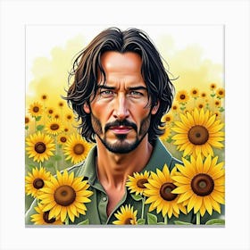 Watercolor Portrait Of Keanu Reeves In A Vibrant Field Of Sunflowers Canvas Print