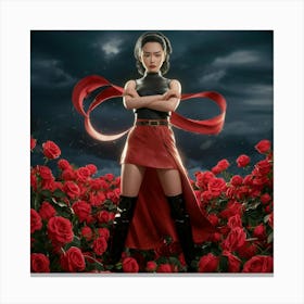 Girl In Red Roses Canvas Print