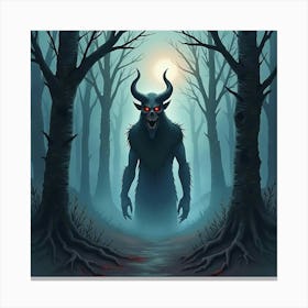 Horror Demon In A Watercolor Spooky Forest With Dark Fog 1 Canvas Print