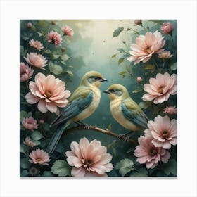 A captivating 3D render of a watercolor painting that masterfully embodies the essence of delicate, feathered birds perched amongst lush, vibrant flowers Canvas Print