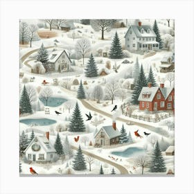 Winter Village, Red Birds And Paths Canvas Print