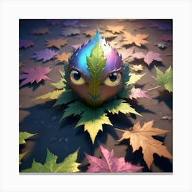 A Cute, Cartoonish Creature With Large Eyes Peeks Out From Behind A Green Leaf Canvas Print