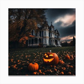 Halloween Pumpkins In Front Of A House Canvas Print