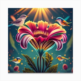 Colorful Flowers With Birds Canvas Print