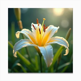 A Radiant Lily With Petals Like Flowing, Crystalline Ribbons In A Dreamlike Meadow 1 Canvas Print