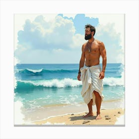 A Watercolor Portrayal Of A Greek Man With A Charismatic Presence By The Ocean 1 Canvas Print