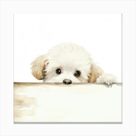 Puppy Peeking Over A Sign Canvas Print