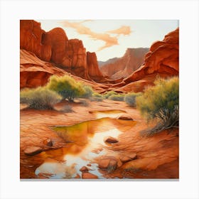 Watercolor Aa Serene Landscape In Red Desert Bathed In Shades Of Terracotta Olive Green Canvas Print