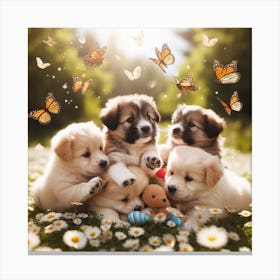 Cute Puppies With Butterflies Canvas Print