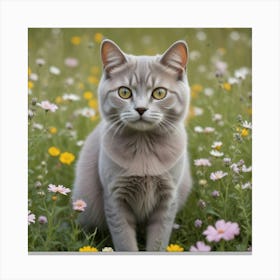 A Cute Grey Cat In A Floral Field Canvas Print