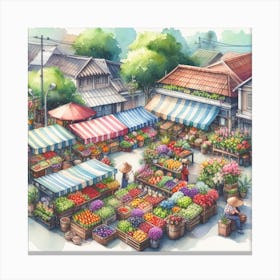 Details and Textures - Watercolor Painting of a Market with Produce and Vendors Canvas Print