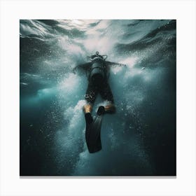 Scuba Diver Underwater - Into the Water: A diver plunging into the ocean, with the water splashing all around them. The scene is captured from the diver's point of view, giving the viewer a sense of exhilaration and adventure. Canvas Print