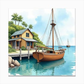 Traditional Boat Docked In Watercolor Coastal Village 1 Canvas Print