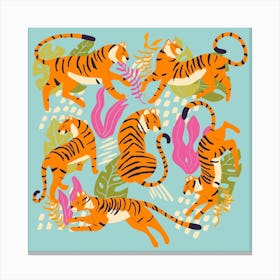 Tigers On Blue With Tropical Leaves Square Canvas Print