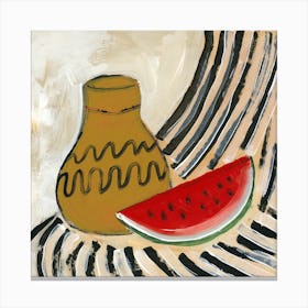 still life kitchen art painting square beige red vase watermelon stripes Canvas Print