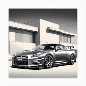 A Highly Detailed Pencil Drawing Of A Sleek, Silver Nissan GTR R35 In Front Of A Contemporary, Modern House 1 Canvas Print