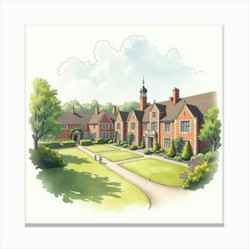 Watercolor Illustration Of The Winchester College, Showcasing Its Historic Buildings And Picturesque Grounds Canvas Print