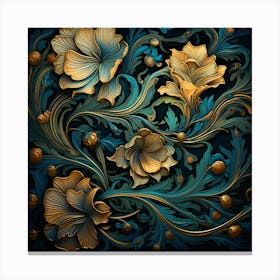 William Morris Inspired Floral Pattern With Flowers On A Black Background Canvas Print