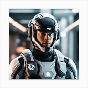 The Image Depicts A Stronger Futuristic Suit For Military With A Digital Music Streaming Display 8 Canvas Print