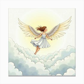 Graceful Sylph Flying Above Clouds, Watercolor 1 Canvas Print