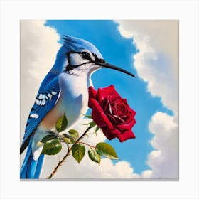 Blue Jay With Rose Canvas Print