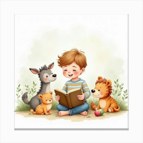 Toddler Reading A Picture Book Surrounded By Watercolor Animals Canvas Print