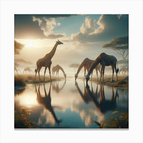 Giraffes At The Waterhole Canvas Print