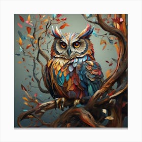 Colorful Owl on perched on a huge curved tree Canvas Print