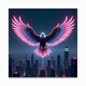 An Abstract Eagle With Wings Of Pulsating Neon Patterns Soaring Above A Futuristic Cityscape 1 Canvas Print