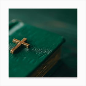 Gold Cross On A Green Bible Canvas Print