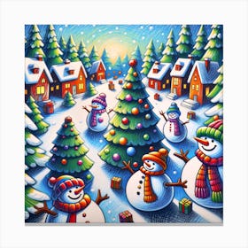 Super Kids Creativity: Joyful snowmen and pine trees Canvas Print