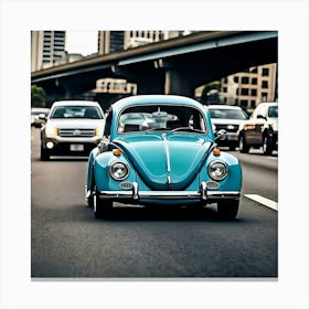 Blue Volkswagen Beetle On The Highway Canvas Print
