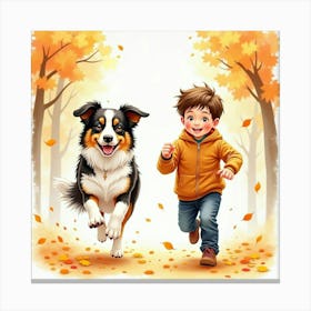 Watercolor Of A Border Collie And A Boy Running Through Autumn Leaves Canvas Print