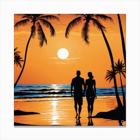 Couple On The Beach At Sunset Canvas Print